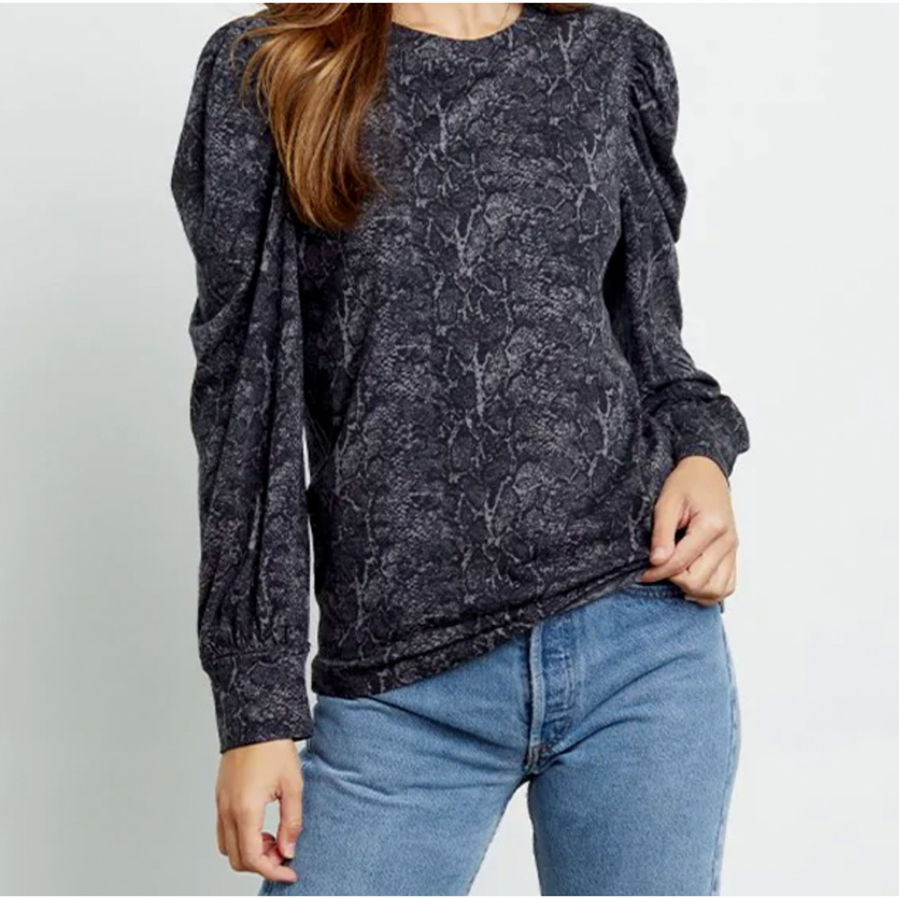 Rails Emilia Top Sz L Dark‎ Snake Print Puff-Sleeve Cotton Modal Light Weight